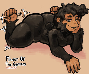 anthro big_butt black_body blue_eyes bubble_butt butt feet foot_fetish gesture hand_gesture handjob_gesture looking_at_viewer lying male nude on_front prehensile_feet simple_background smile smiling_at_viewer solo suggestive suggestive_gesture toes latchk3y haplorhine mammal monkey primate 2024 hi_res