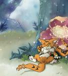 clitoris female genitals multi_tail one_eye_closed open_mouth outside pussy reclining semi-anthro solo spread_legs spreading tail hatiimiga bandai_namco digimon digimon_(species) domestic_cat felid feline felis maine_coon mammal meicoomon hi_res