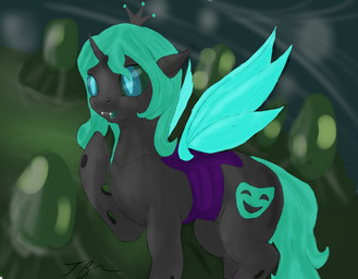 cutie_mark egg fangs female feral green_sclera happy hive hooves horn open_mouth solo surprise teeth wings bugbytes_(artist) friendship_is_magic hasbro my_little_pony mythology fan_character mimic_(character) arthropod changeling equid equine insect mammal mythological_creature mythological_equine pegasus