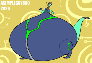 anthro belly big_belly blue_bodysuit blue_clothing blue_skinsuit bodysuit clothing green_eyes grey_body huge_belly huge_thighs hyper hyper_belly hyper_pear male morbidly_obese morbidly_obese_anthro morbidly_obese_male multicolored_body obese obese_anthro obese_male overweight overweight_anthro overweight_male question_mark simple_background skinsuit solo tail teal_body teal_tail text thick_thighs three-quarter_view tight_clothing two_tone_body yellow_background asimpleguy680 nintendo pokemon dehf_(decentfailure2319) generation_6_pokemon heliolisk lizard pokemon_(species) reptile scalie 2026 artist_name colored digital_media_(artwork) flat_colors hi_res
