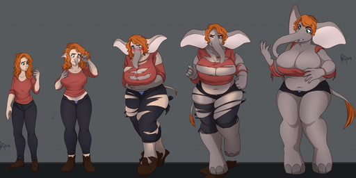 anthro basic_sequence belly big_breasts big_ears blush breast_expansion breasts cleavage clothed clothing expansion eyebrows female five_frame_image five_frame_sequence freckles green_eyes grey_body grey_skin growth hair huge_breasts human_to_anthro linear_sequence multi_frame_sequence orange_hair overweight overweight_female proboscis_(anatomy) simple_background slightly_chubby solo species_transformation thick_thighs torn_clothing transformation transformation_sequence trunk_(anatomy) weight_gain wide_hips redpixie elephant elephantid human mammal proboscidean 2017 sequence