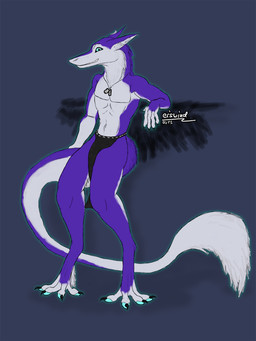 anthro arm_support biped blue_eyes bottomwear clothing dog_tags fur glowing grey_background loincloth looking_at_viewer male multicolored_body multicolored_fur pose purple_body purple_fur simple_background solo standing tail tail_tuft tuft two_tone_body two_tone_fur year icewolf289 pietro.sergal mammal sergal 2013 3:4