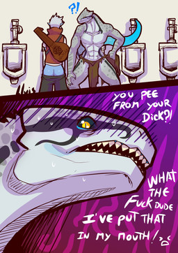 abs anthro athletic athletic_anthro athletic_male bathroom black_sclera bottomwear clothing duo grey_body grey_scales humor loincloth lute male male/male musical_instrument plucked_string_instrument public_restroom scales shocked string_instrument text urinal yellow_eyes lluisabadias dungeons_and_dragons hasbro wizards_of_the_coast yu'hiss elf humanoid lizardfolk_(dnd) lizardman scalie 2023 absurd_res english_text hi_res