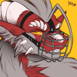 angry bite cage clenched_teeth feral fur harness horn hypnotic_eyes male muzzle_(object) muzzled red_body red_fur ringed_eyes scales side_view solo spikes spikes_(anatomy) teeth rentalgf mythology dragon mythological_creature mythological_scalie scalie 1:1