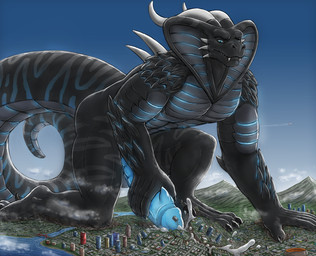 anthro bent_legs big_tail black_body blue_eyes bodily_fluids building building_destruction city city_background city_destruction cityscape claws cum cum_flooding destruction ejaculation erection excessive_cum excessive_genital_fluids feet finger_claws fingers genital_fluids genitals glowing glowing_genitalia glowing_markings glowing_penis ground_penetration humanoid_genitalia humanoid_penis hyper hyper_cum landscape_dwarfing macro macro_anthro macro_male male markings muscular muscular_anthro muscular_male nude orgasm outside paws pecs penetration penile penis rampage sky solo tail toe_claws toes vein veiny_penis gigatiger kai'nek_(pyronite) cobra kaiju reptile scalie snake hi_res