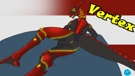 anthro balls bed black_body butt furniture genitals looking_at_viewer looking_back lying machine male multicolored_body nude pose red_body simple_background smile solo synthetic tail text tongue yellow_light spazlovesdew anthro_heat vertex_(heat) android robot synth_(vader-san) digital_media_(artwork) hi_res shaded