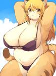 anthro big_breasts bikini blonde_hair blush breasts clothed clothing female fur hair hands_behind_head huge_breasts kemono long_hair looking_at_viewer orange_eyes outside overweight overweight_anthro overweight_female skimpy solo standing stripes swimwear two-piece_swimsuit wide_hips yellow_body yellow_fur akitaka felid mammal pantherine tiger