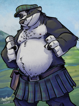 anthro belly black_body black_fur black_nose bottomwear clothing detailed_background fur hat headgear headwear humanoid_hands kilt male moobs nipples outside overweight overweight_male solo white_body white_fur k-9 badger mammal mustelid musteline 2026 hi_res