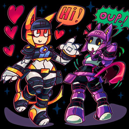 4_fingers alternate_color belt_pouch black_background black_clothing black_hair black_panties black_sclera black_shirt black_topwear black_underwear blonde_hair breasts butt claws clothing collar cosplay crossover_cosplay duo emanata eyelashes female fingers glistening glistening_body hair heart_symbol looking_at_tail machine medium_breasts midriff motion_lines noseless on_one_leg orange_eyes panties paws pink_tail purple_clothing purple_hair purple_panties purple_underwear shirt short_hair shoulder_pads simple_background smile sparkles speech_bubble square_crossover standing tail tail_motion text topwear underwear wide_hips yellow_eyes yellow_tail plant_bitch capcom mega_man_(series) phantasy_star phantasy_star_online sega skullgirls bass_(mega_man) kireek_(phantasy_star_online) robo-fortune animal_humanoid cat_humanoid felid felid_humanoid feline feline_humanoid humanoid mammal mammal_humanoid robot robot_humanoid 1:1 2026 crossover digital_drawing_(artwork) digital_media_(artwork) english_text full-length_portrait portrait