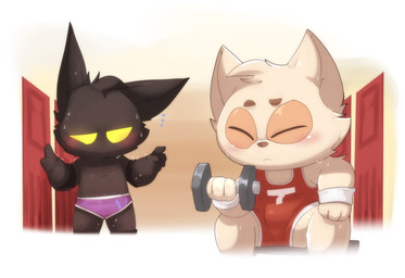 anthro black_body black_fur blush bodily_fluids bottomwear bulge clothed clothing detailed_background dumbbell duo emanata exercise eye_markings eyes_closed fur half-closed_eyes head_tuft hotpants looking_at_another male male/male male_anthro markings narrowed_eyes one_ear_up purple_bottomwear purple_clothing purple_hotpants purple_shorts shaking short short_anthro short_male shorts sitting sweat sweatdrop topless trembling tuft weights white_body white_fur workout wrestling_singlet yellow_eyes young smite_(artist) league_of_legends riot_games tencent teemo_(lol) veigar yordle absurd_res digital_media_(artwork) hi_res adult_(lore)