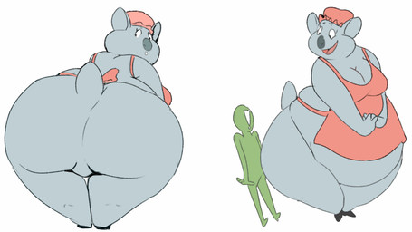 anthro apron apron_only big_breasts big_butt breasts butt cleavage clothed clothing duo exclamation_point eyelashes featureless_crotch female fur grey_body grey_fur hat headgear headwear huge_butt huge_thighs looking_back male mostly_nude open_mouth overweight size_difference smile thick_thighs wide_hips shamelesss taz-mania warner_brothers anon constance_(taz-mania) koala mammal marsupial vombatiform 16:9 widescreen