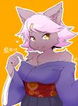 anthro asian_clothing big_breasts breasts chest_tuft clothed clothing ears_up east_asian_clothing female fur hair half-closed_eyes japanese_clothing kemono kimono looking_at_viewer narrowed_eyes off_shoulder pink_hair short_hair simple_background smile solo suggestive text tongue tongue_out tuft undressing yellow_eyes gut0002 domestic_cat felid feline felis mammal japanese_text signature