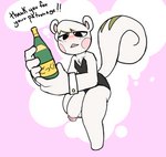 alcohol beverage blush blush_lines bottomless clothed clothing genitals liquor liquor_bottle looking_at_viewer male partially_clothed penis solo text neko3240 animal_crossing nintendo marshal_(animal_crossing) mammal rodent sciurid tree_squirrel english_text hi_res japanese_text