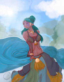 bangle belly belly_dancer bottomwear bra breasts clothed clothing cloud costume dancing dress elegant eyes_closed female fog fur hair hill jewelry long_hair markings navel outside red_body red_fur skimpy skirt sky solo standing translucent translucent_clothing underwear cainethelongshot shindorei mammal mustelid 2014
