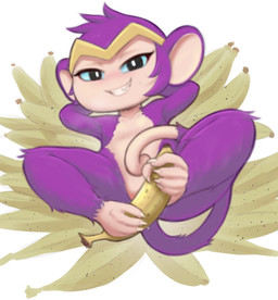 banana big_ears black_eyes blue_sclera bodily_fluids crown eyelashes feet female feral food fruit fur gold_(metal) gold_tiara grin hair hands_behind_head head_tuft headgear holding_object_with_feet looking_at_viewer multicolored_body noseless plant prehensile_feet pupils purple_body purple_ears purple_fur purple_hair purple_tail short_hair simple_background smile smiling_at_viewer solo sweat sweatdrop tail tan_body tan_inner_ear tan_skin tan_tail tiara toes toony tuft two_tone_body two_tone_tail white_background white_pupils evgreen shantae_(series) wayforward shantae shantae_(monkey_form) haplorhine mammal monkey primate hi_res