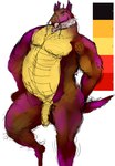 anthro brown_body eastern genitals looking_at_viewer male musclegut muscular open_mouth penis red_body solo tail yellow_body yellow_eyes pleasuremoan mythology unnamed_character dragon mythological_creature mythological_scalie reptile scalie hi_res model_sheet sketch