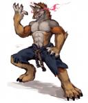 anthro bottomwear clothed clothing cosplay fangs male muscular muscular_anthro muscular_male pants solo teeth topless torn_clothing byowt capcom street_fighter akuma_(street_fighter) ochropus canid canine canis coyote demon mammal