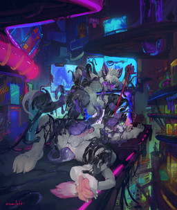 anal anal_penetration anthro anthro_on_anthro balls duo electronics erection feet foot_fetish foot_play footjob fur futuristic genitals glowing glowing_eyes hair humanoid_genitalia humanoid_penis long_penis lying male male/male monitor neon_lights nude on_back open_mouth outside penetration penile penis pink_hair pink_penis public purple_eyes sex short_hair tongue tongue_out unusual_anatomy unusual_genitalia unusual_penis urban white_balls white_body white_fur white_hair oselotti canid canine felid goo_creature mammal absurd_res hi_res
