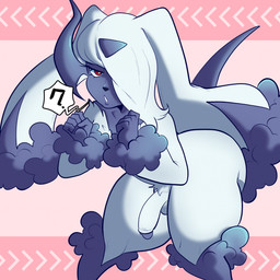 anthro balls big_butt black_body black_fur butt fluffy_ears fur genitals hair horn humanoid_genitalia humanoid_penis long_hair looking_at_viewer male penis pink_background question_mark red_eyes simple_background solo speech_bubble white_body white_fur white_hair cookietanooki nintendo pokemon generation_4_pokemon generation_6_pokemon hybrid lopunny mega_absol mega_evolution pokemon_(species) 1:1 hi_res