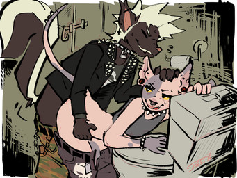 alternative_fashion ambiguous_penetration anthro bathroom black_body black_fur bodily_fluids bottomwear butt clothing duo ear_piercing ear_ring eyes_closed fur hair hairless jacket male male/male motion_lines pants penetration piercing public_restroom punk restroom_stall ring_piercing safety_pin sex skull_symbol spikes sweat tail toilet toilet_paper_roll topwear white_body white_fur white_hair yellow_eyes sneel domestic_cat felid feline felis hairless_cat mammal mephitid skunk sphynx_(cat) 4:3 hi_res watermark