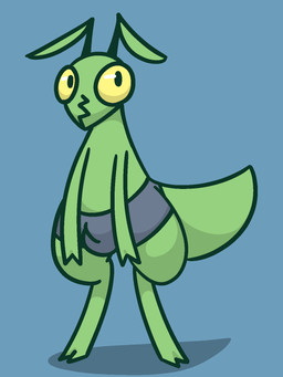antennae_(anatomy) anthro blue_background boxer_briefs boxer_briefs_only bulge clothed clothing digitigrade furgonomics green_body looking_at_viewer male shadow simple_background solo standing topless underwear underwear_only wide_hips yellow_eyes gandergeist arthropod grasshopper insect orthopterid 2022 3:4 aliasing digital_media_(artwork) hi_res shaded simple_shading