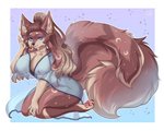 anthro areola blue_eyes breasts brown_body brown_fur brown_hair clothed clothing eyebrows eyelashes female fur hair kneeling negligee nightgown nipples smile solo lisaamint canid canine canis domestic_dog mammal 2020 5:4 digital_media_(artwork)