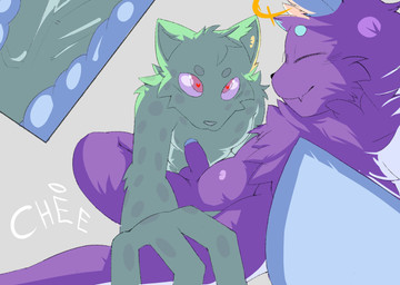 anthro duo genitals green_body halo heart_eyes heart_symbol male male/male penis purple_body simple_background stripes cheetaaaaaah aayam_vantas_(aayam) arthropod felid hybrid hyena insect lepidopteran mammal moth absurd_res cel_shading hi_res shaded