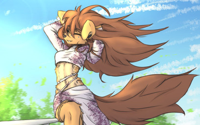 anthro black_nose bottomwear breasts brown_body brown_fur brown_hair cheek_tuft chest_markings chest_tattoo clothing cloud day ear_piercing eyebrow_through_hair eyebrows eyes_closed facial_piercing facial_tuft female female_anthro floppy_ears fur furgonomic_piercing furgonomics gauged_ear hair hands_behind_head knee_tuft leg_markings leg_tattoo leg_tuft long_hair markings midriff mottled mottled_nose muzzle_piercing navel nose_piercing outside piercing pink_nose print_clothing raised_arms sitting skirt slim small_breasts smile solo tattoo topwear translucent translucent_hair tuft wind tinygaypirate apogee_(tinygaypirate) canid canine canis domestic_dog mammal spitz hi_res portrait three-quarter_portrait