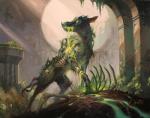 bone city cityscape dripping feral glowing looking_back ruins skeleton solo standing lucas_graciano hasbro magic:_the_gathering canid canine mammal undead zombie 2012 official_art oil_painting_(artwork) painting_(artwork) traditional_media_(artwork)