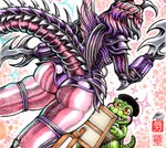 alien anthro armor beak beret big_butt blade blade_arm blush butt clothing cybernetics cyborg drawing gigan godziban godzilla_(series) green_body green_scales hat headgear headwear heart_symbol hi_res humanoid kaiju kaijusamurai lady_gigana long_tail machine minilla pink_background pink_body purple_body rear_view reptile scales scalie sharp_teeth simple_background smile sparkles tail teeth thick_thighs toho vambrace weapon_arm weapon_prosthetic wide_hips yellow_eyes