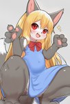 4_fingers anthro barefoot blonde_hair blush breasts claws clothed clothing countershading crouching cute_fangs dipstick_tail dress fangs feet female female_anthro finger_claws fingers fur grey_background grey_body grey_fur hair kemono long_hair looking_at_viewer low-angle_view markings multicolored_body multicolored_fur open_mouth pawpads paws red_eyes simple_background small_breasts solo tail tail_markings teeth toes tongue two_tone_body two_tone_fur white_body white_fur young young_anthro young_female horokusa0519 futaba_channel akuma_gaoru canid canine canis mammal wolf 2023 digital_media_(artwork) hi_res