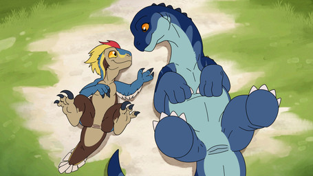ambiguous_gender animal_genitalia black_eyes blue_body claws cloaca duo feathers feral genitals grass legs_up looking_at_another lying multicolored_body multicolored_feathers on_back on_ground outside plant size_difference smile spreading tail yellow_sclera zeklullaby lunar_dragon_entertainment talon_and_the_champions_of_saurithia kota_(talon) talon_(talon) alamosaurus dakotaraptor dinosaur dromaeosaurid feathered_dinosaur feathered_scalie macronarian prehistoric_species reptile saltasaurid saurischian sauropod sauropodomorph scalie theropod titanosaurian digital_media_(artwork) hi_res female_(lore) male_(lore) young_(lore)