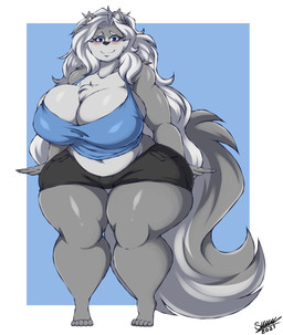 anthro big_breasts blush bottomwear breasts chest_tuft cleavage clothed clothing curvy_figure female huge_breasts shorts solo thick_thighs tuft voluptuous wide_hips superix canid canine canis mammal wolf absurd_res character_request hi_res