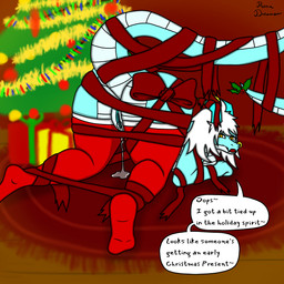anthro bdsm bent_over big_breasts blue_body blue_horn blue_scales blue_skin bodily_fluids bondage bound breasts christmas_clothing christmas_decorations christmas_tree clothing dripping dripping_vulva facial_piercing female genital_fluids genitals gift hair holidays horn jewelry legwear mistletoe nose_piercing on_ground orange_eyes piercing plant red_clothing red_legwear red_thigh_highs ribbon_bondage ribbons scales short_hair smile smirk solo stockings tall thick_thighs thigh_highs tree vaginal_fluids vulva wet white_hair reena_dreamer christmas mythology lyecia_(reena_dreamer) dragon mythological_creature mythological_scalie scalie absurd_res hi_res