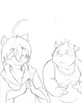 anthro clothing duo eyes_closed hoodie humanoid_hands kemono shirt simple_background slightly_chubby topwear bbn morenatsu nanafuse yukiharu_kuri canid canine canis mammal raccoon_dog tanuki wolf 2014 4:5 monochrome sketch unavailable_at_source