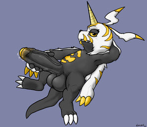 balls big_penis foreskin genitals humanoid_genitalia humanoid_penis lying male penis solo vein conditional_dnp vanzard bandai_namco digimon fan_character digimon_(species) gabumon absurd_res hi_res