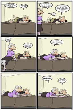anthro bed bottomwear breasts cellphone clothed clothed_female clothing dialogue duo electronics female fur furniture grey_body grey_fur phone profanity skirt tail text thunderouserections study_partners haplorhine macaque mammal monkey old_world_monkey primate 2026 2:3 comic english_text hi_res sibling_(lore) sister_(lore) sisters_(lore)