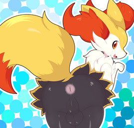 anthro anus backsack balls bent_over big_butt black_body black_fur blue_background butt cute_fangs dipstick_tail fangs femboy fluffy fur genitals inner_ear_fluff leaning leaning_forward looking_at_viewer looking_back male markings multicolored_body multicolored_fur multicolored_tail nude open_mouth open_smile orange_eyes pattern_background perineum presenting presenting_anus presenting_hindquarters rear_view red_eyes simple_background smile solo tail tail_markings teeth thick_thighs tongue tuft white_body white_fur wide_hips yellow_body yellow_fur lemonlime nintendo pokemon braixen canid canine generation_6_pokemon mammal pokemon_(species) 2020 absurd_res digital_media_(artwork) hi_res portrait three-quarter_portrait