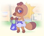 anthro apron blue_eyes bodily_fluids brown_body brown_fur caught clean_diaper clothed clothing diaper embarrassed fur holding_apron holding_clothing holding_object male simple_background solo standing sweat sweatdrop tail tan_background wearing_diaper neotenous animal_crossing nintendo tom_nook_(animal_crossing) canid canine mammal raccoon_dog tanuki 2025 hi_res