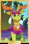 antlers border feral flower green_body green_skin horn insect_wings male orange_inner_ear plant purple_eyes purple_wings sitting smile solo spread_wings tree wings inuhoshi-to-darkpen friendship_is_magic hasbro my_little_pony thorax_(mlp) arthropod changeling alternate_version_at_source digital_media_(artwork) hi_res