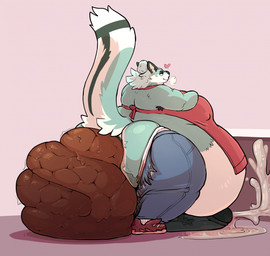 anthro apron big_butt big_penis black_nose bodily_fluids bottomwear butt clothing cum ejaculation excessive_cum excessive_genital_fluids feces feces_on_ground feces_pile footwear fur genital_fluids genitals green_body green_fur green_tail hair hands-free heart_symbol hyper inflation male nipple_outline orgasm overweight pants penis pooping raised_tail red_apron red_clothing scat_inflation scatplay shoes sigh sighing simple_background solo standing tail torn_bottomwear torn_clothing torn_pants torn_underwear underwear vein veiny_penis white_body white_fur white_hair white_tail bigasshyperdiaper bigasshyperdiaper_(character) canid canine fox mammal true_fox hi_res