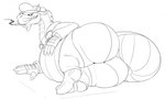 anthro belly big_butt butt clothing hat headgear headwear leather_daddy lying male on_side overweight presenting presenting_hindquarters solo thong topwear underwear vest aetherxov kings_of_hell mythology bune_(kings_of_hell) demon dragon mythological_creature mythological_scalie scalie hi_res