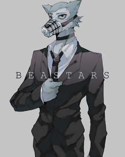 anthro bodily_fluids business_suit clothed clothing collar fur grey_body grey_fur male muzzle_(object) muzzled necktie scar simple_background solo suit sweat wire_basket_muzzle dokiizz beastars legoshi_(beastars) canid canine canis mammal wolf 4:5