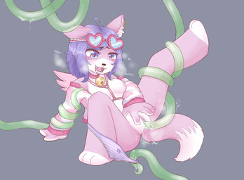 ahegao anthro bell bell_collar big_feet big_hands blue_eyes blush bodily_fluids breasts breath chest_harness clothed clothing clothing_around_one_leg collar consentacles dripping_vulva eyewear eyewear_on_head fangs feet female floppy_ears fluffy fluffy_tail fox_tail fur genital_fluids genitals goggles goggles_on_head green_tentacles hair harness heart_eyes heart_symbol jacket_on_shoulders looking_pleasured lying lying_on_ground moan motion_lines narrowed_eyes nipples on_back on_ground one_ear_up one_leg_up open_mouth panties panties_around_one_leg panties_down panting partially_clothed pattern_clothing pattern_underwear penetration pink_body pink_fur pink_nipples purple_hair raised_leg sex simple_background small_breasts smile solo spread_legs spread_vulva spreading steam steamy_breath steamy_vulva striped_clothing striped_underwear stripes sweat tail teeth tentacle_around_leg tentacle_in_vagina tentacle_penetration tentacle_sex tentacles tongue underwear underwear_around_one_leg underwear_down vaginal vaginal_fluids vaginal_penetration vulva white_body princess_lemonchan canid canine mammal tentacle_creature hi_res