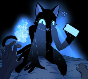 ambiguous_gender anthro biped breasts duo electronics faceless_ambiguous faceless_character faceless_human female fingers looking_at_viewer nude nude_anthro nude_female phone sitting smile tail nulia tarahe domestic_cat felid feline felis human mammal 2026 digital_drawing_(artwork) digital_media_(artwork) hi_res