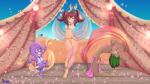 anthro breasts brown_body brown_fur clothed clothing desert female fur group harem_outfit outside partially_clothed purple_body purple_fur sugarnhoney ankama disney dofus gummi_bears fan_character bear canid canine human mammal ouginak 16:9 digital_media_(artwork) widescreen