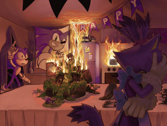 anthro appliance apron burning cake clothing cooking_fail decoration dessert duo epic_fail facepalm fail failed_attempt female fire food fridge furniture green_eyes hair happy_birthday hero kitchen kitchen_appliance male male/female ponytail princess royalty shocked stove table ultimangga sega sonic_the_hedgehog_(series) blaze_the_cat sonic_the_hedgehog domestic_cat eulipotyphlan felid feline felis hedgehog mammal hi_res