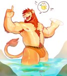 anthro armpit_hair belly body_hair briefs bulge clothing glistening glistening_body glistening_skin happy_trail hot_spring huge_thighs male nipples pecs solo thick_thighs underwear water wet nikiervhin felid lion mammal pantherine hi_res