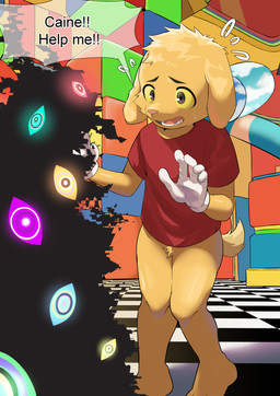 3_toes 5_fingers anthro biped black_eyebrows bodily_fluids bottomless bottomless_anthro bottomless_male brown_eyes checkered checkered_floor clothed clothed_anthro clothed_male clothing crotch_tuft dialogue eyebrows fangs featureless_crotch feet fingers floppy_ears flying_sweatdrops fur glistening glistening_eyes gloves handwear male male_anthro open_mouth orange_body orange_fur orange_nose orange_tail red_clothing red_shirt red_t-shirt red_topwear scared shirt short_tail solo speech_bubble sweat sweatdrop t-shirt tail teeth text toes tongue topwear tuft white_clothing white_gloves white_handwear yellow_sclera potato_12_13 glitch_productions the_amazing_digital_circus scratch_(tadc) abstraction_(tadc) bird_dog canid canine canis domestic_dog golden_retriever hunting_dog mammal retriever 2026 absurd_res digital_media_(artwork) english_text hi_res