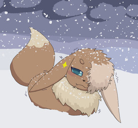 :3 blue_eyes blush brown_body brown_fur female feral fur hair loaf shaking shivering smug snow snowing solo tan_body tan_fur tan_hair commonbleat nintendo pokemon fan_character eevee generation_1_pokemon pokemon_(species) hi_res
